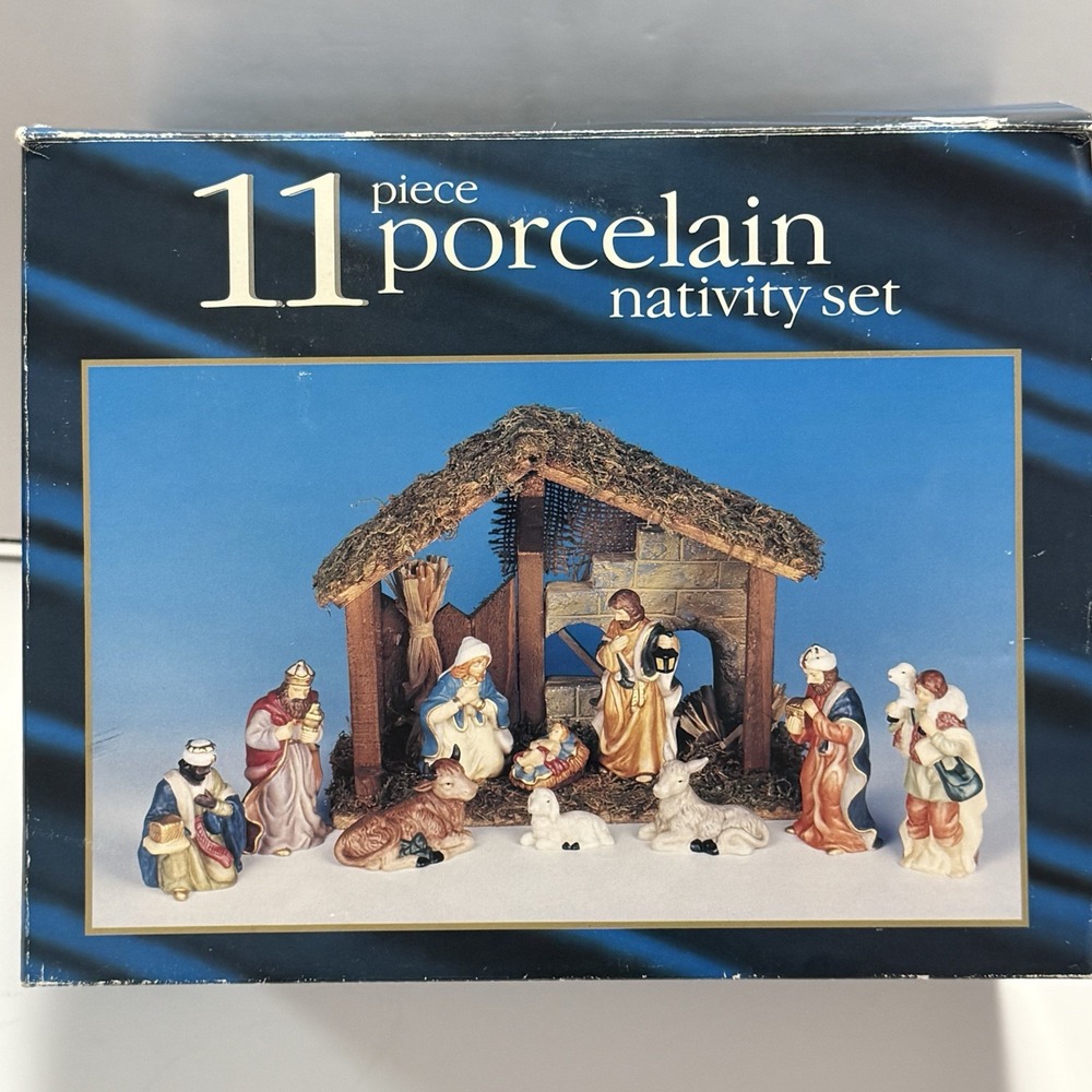 Vintage 1990's Nativity 11 Piece Porcelain Set With Wood Stable Open Box
